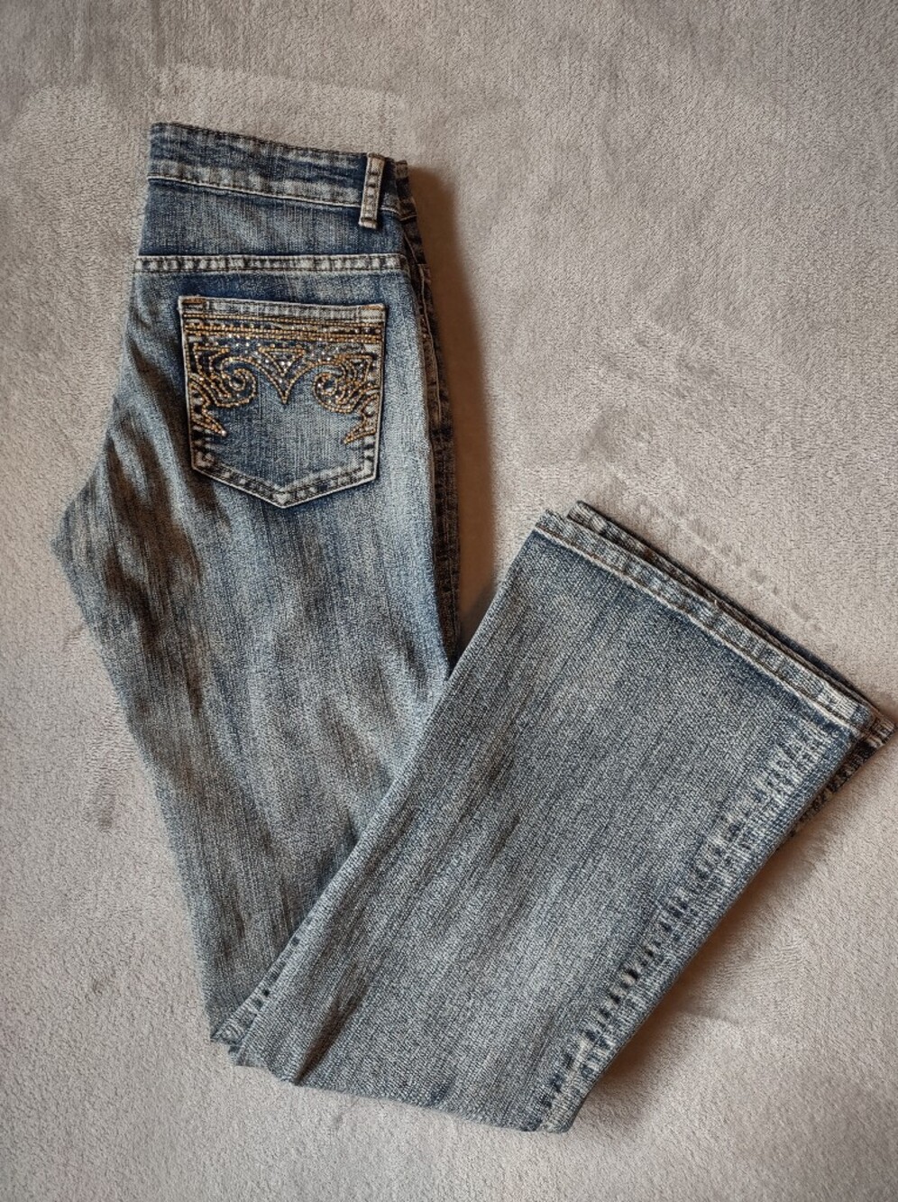 Cache Size 2 Women's Bootcut Jeans Light Wash Embellished Pocket Stretch Denim